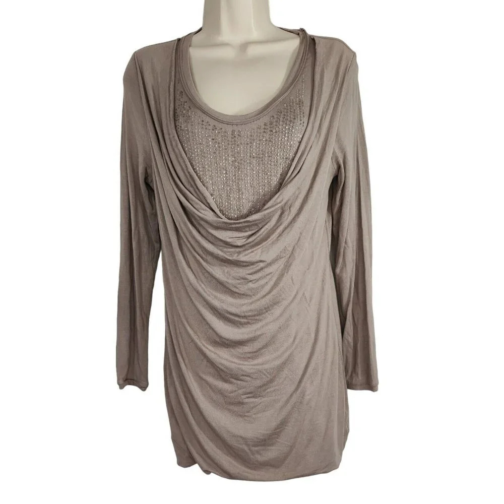 Soft Surroundings Top Draped Cowl Neck Women Size S Brown Beaded Long Slv 29466